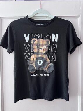 Kids Black Graphic Tee with Plaid Teddy and "Vision" Text